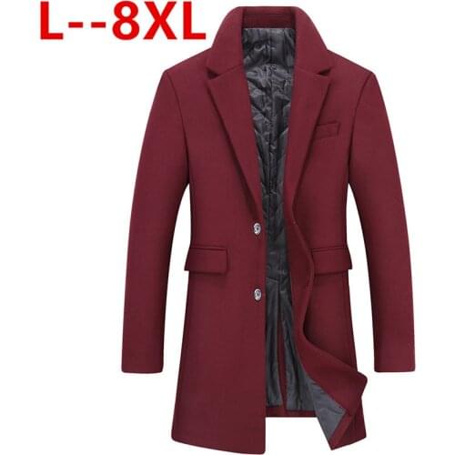 BIG 10XL 8XL 6XL Mens Wool Coat Winter Warm Solid Color Long Trench Jacket Male Single Breasted Business Casual Overcoat Parka