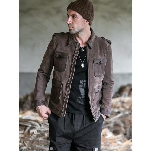 New Mens First Layer Cowhide Vintage Leather Jacket Multi-Pocket Motorcycle Male Cow Leather Clothing Coat