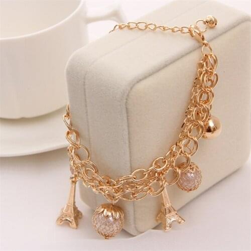 New Imitation Pearl Bracelet Women Fashion Trendy Gold Color Chain Tower Pendant Bracelet Alloy Adjustable Bracelets Bangles