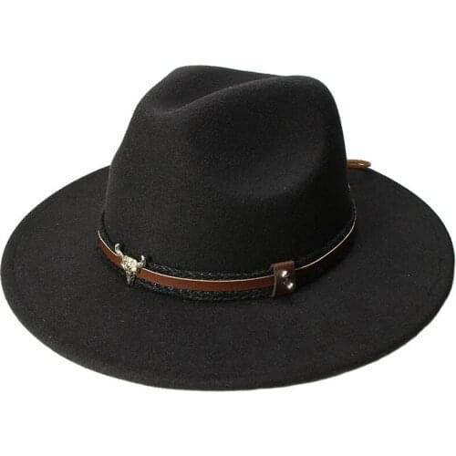 LUCKYLIANJI Retro Women Men Vintage 100% Wool Wide Brim Cap Fedora Panama Jazz Bowler Hat Bull Head Leather Band (57cm/adjusted)