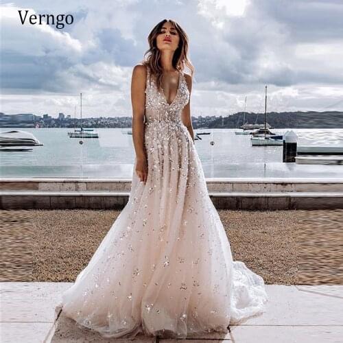 Verngo Modern V Neck Beads A Line Wedding Dress Sexy Vestido de noiva Beach Long Formal Dress 2021 Glitter Bridal Gowns