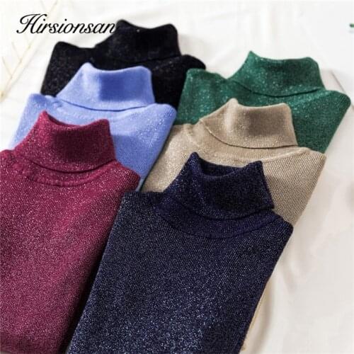 Hirsionsan Turtle Neck Sweaters Women 2020 New Skinny Thicken Sequined Basic Knitted Pullovers Elegant Warm Ladies Tops Fashion