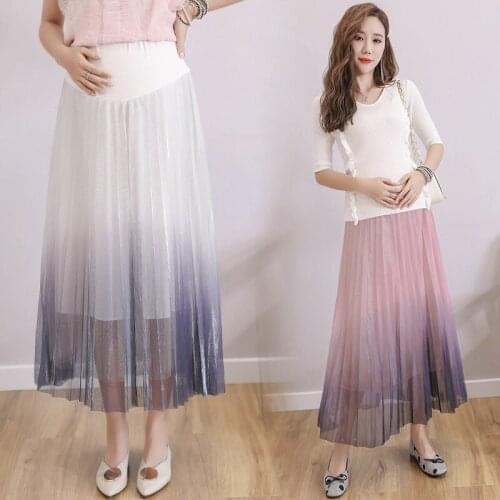 Fashion Korean Stomach Lift A-Line Pleated Pregnancy Skirt High Waist Gradient Pregnant Clothes Spring Summer Maternity Skirts