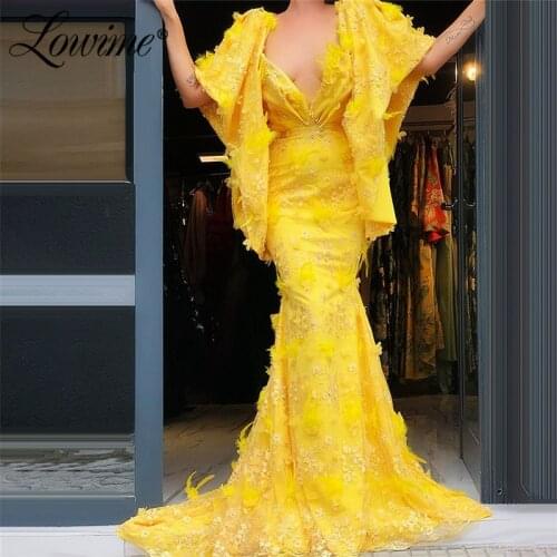 Yellow Deep V Neck Evening Dresses 2020 Puffy Sleeves Mermaid Party Gown Dubai Beaded Feathers Prom Dress Vestido De Fiesta