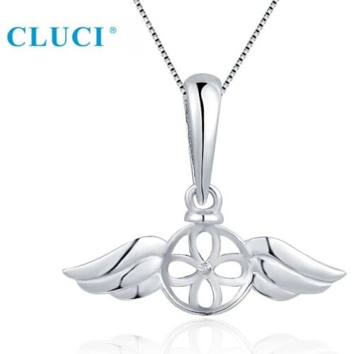 CLUCI Women Angel Wing Pearl Pendant Setting 925 Sterling Silver Charm Fit 7-8mm Round Bead DIY Fine Jewelry Making SP444SB