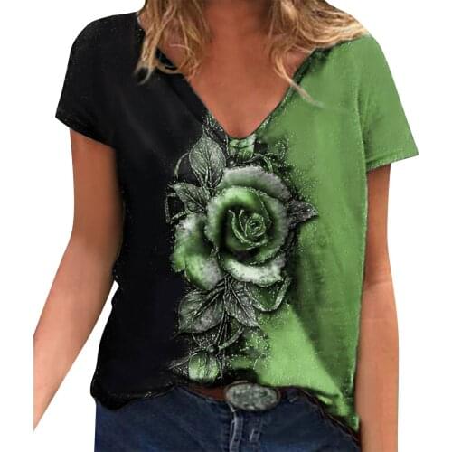 62# Summer Rose Print Short Sleeve T Shirts Plus Size Women Casual Tops Fashion Street Female V-Neck Floral Tee 2021 Pullover