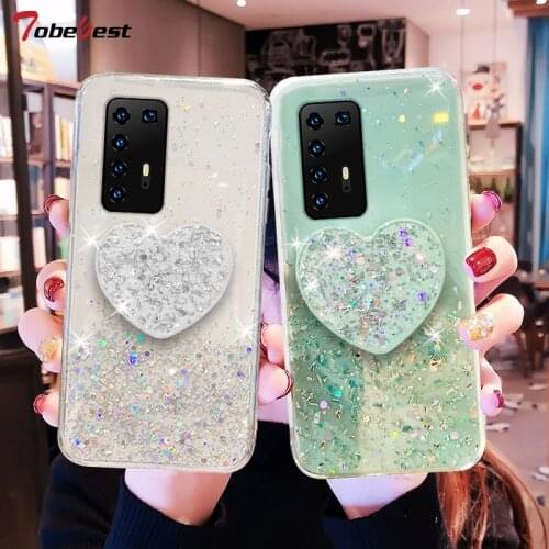 Bling Glitter Heart Love Phone holder Case For Huawei P40 P30 P20 Pro Lite Silicone Silver Foil Transparent Cover Coque