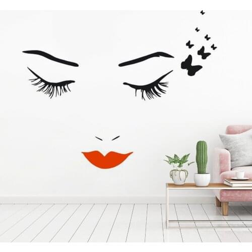 Beauty Salon Decorative Sticker Eyelashes Butterflies Vinyl Wall Decal Removable Eyes With Red Lip Vinyl Wall Poster AZ297