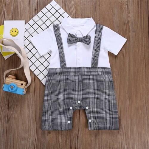 Baby Boys Clothes Cotton Gentleman Tie Romper Infant Jumpsuit Toddler Short-sleeved Plaid straps False Two Climbing Clothing