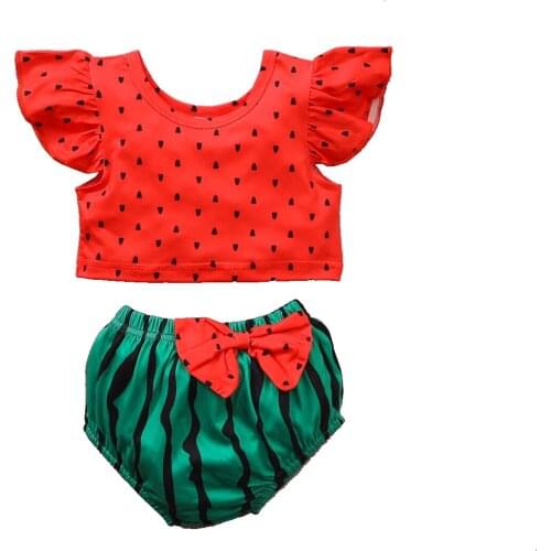 Children girl baby xiaofei sleeves polka dot watermelon bow print European and American triangle shorts two-piece suit