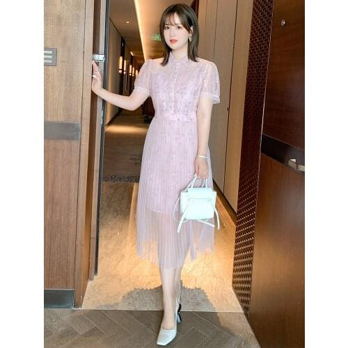 High quality Beaded Lapel lace patchwork Pleated Dress 2021 summer new pattern