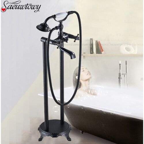 Oil Rubbed Bronze Floor Mount Standing Tub Faucet Tub Filler Hand Shower Phone Type c、Ceramics Hand Shower Bathroom Faucet