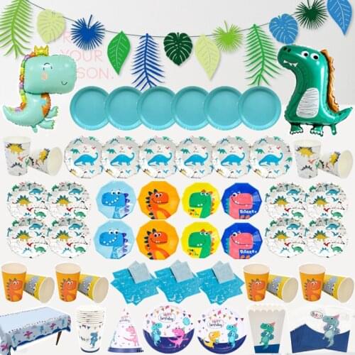 Cute Dinosaur Theme Cartoon Forest Party Disposable Tableware Paper Plates Cups Baby Shower Kids Birthday Decoration Supplies
