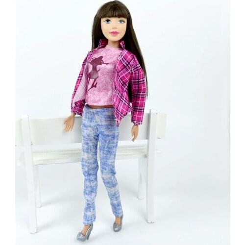 Fashion Outfits For Barbie Doll Clothes Pink Handmade Plaided Coat Vest Jeans Pants 1Set For Barbie 1/6 Doll Accessories Kid Toy