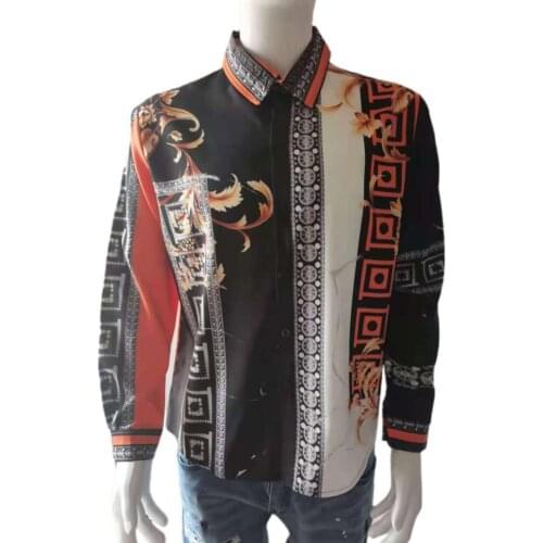 Ele-choices Retro Print Men Shirt Turn-down Collar Smooth Long Sleeve Buttons Slim Shirt Streetwear for Daily Wear