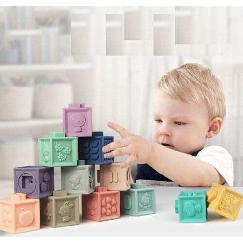 Baby Blocks Soft BPA Free Silicone 3D Building Blocks Children Shape And Color Cognitive Toys Educational Squeeze Textures Block