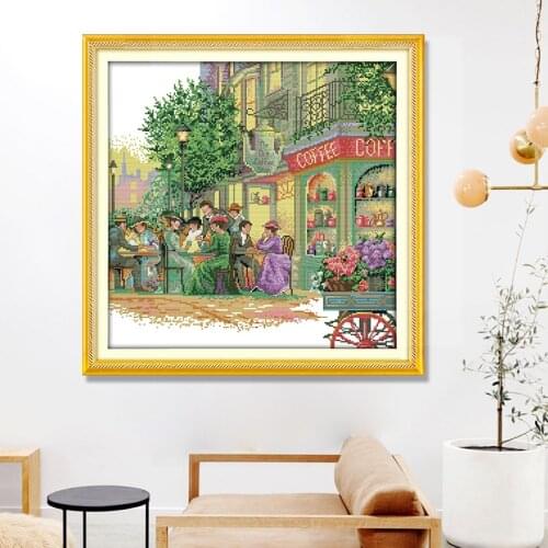 European scenery cross stitch embroidery kit street cafe DIY white cloth printed cloth handmade embroidery decorative painting