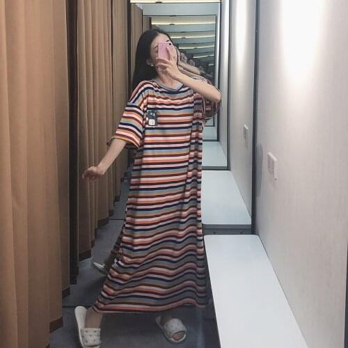 Oversize Women Cotton Nightgown Loose Cartoon Sleepwear Ladies Striped Nightwear Sleep Wear Night Gown pregnant woman Dress