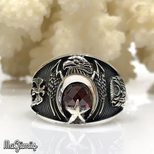New Design the Moon the stars Eagle Red Stone Silver Men 'S Ring
