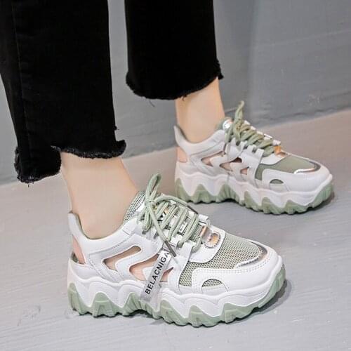 New womens sports sandals fashion mesh hollowed heel 5CM lace casual daddy shoes increased womens shoes