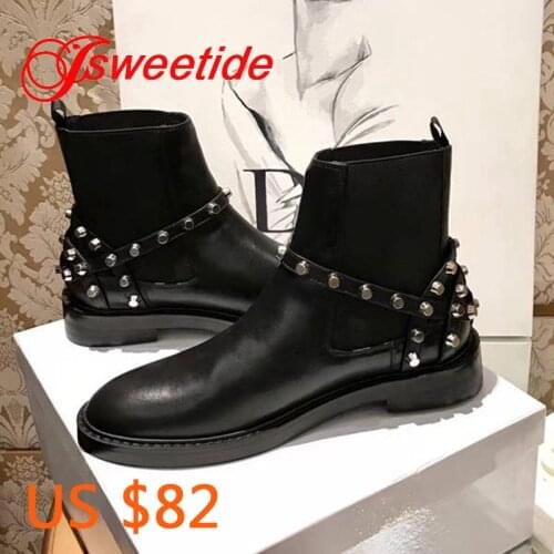 Original Design australia Real Leather Buckle Rivets Strap Patchwork Woman Chelsea Boots Brand Chain Boots Fashion sexy shoes