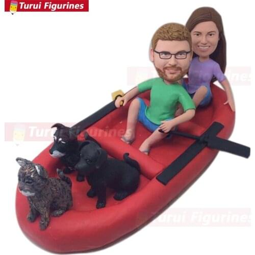 Raft Personalized With Pet Groom Rowing Oars Custom Personalized Boat Wedding Cake Topper Bobble Head Clay Figurine Based on Cus