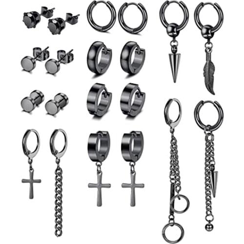 10 Pairs of Stainless Steel Pendant Earrings Mens Womens Cool Black CZ Stud Hinge Ring Cross Feather Pendant Earring Set