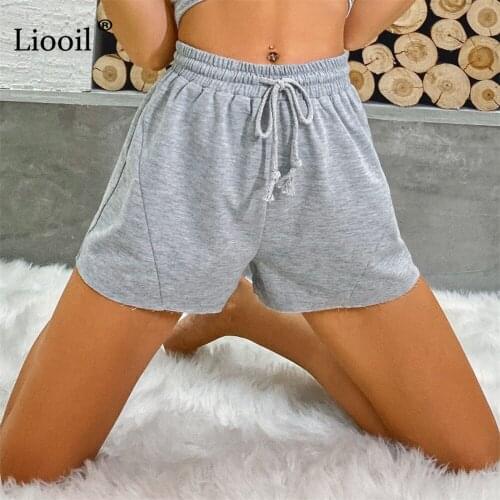 Liooil Drawstring Sweat Shorts For Women Ladies High Waist Straight Leg Casual Streetwear Summer 2021 Loose Short Sport Pants