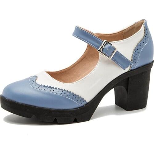 2021 Women Genuine Leather Buckle Strap Mary Janes Platform Shoes Woman Pumps High Heels Dress Shoes Retro Ladies Wedding Shoes