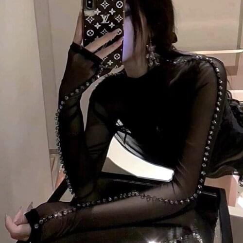 Spring/Summer Transparent T-shirt Womens Luxury Handmade Beaded Long Sleeve Top Sexy Club Beaded Mesh Ladies Party T-shirtNS729