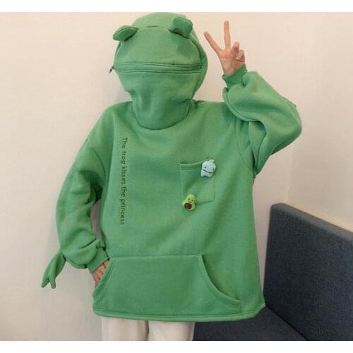 Women Frog Hoodie Animal Style Long Sleeve Hooded Pullover Tops Korean Style Front Pocket Sweatshirt Cute Animal Style