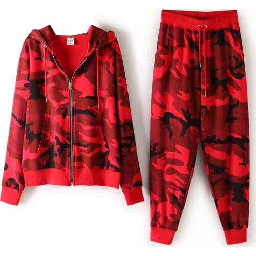 2021 Autumn Hooded Cotton Red Camouflage Print Women Korean Long Sleeve Zipper Coat Casual Pants Tracksuit Two Piece Set H1036