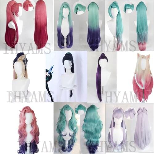 LOL KDA The Baddest Ahri Akali Kaisa Evelynn Seraphine Cosplay Costume Wigs Women Heat Resistant Wig + Wig Cap