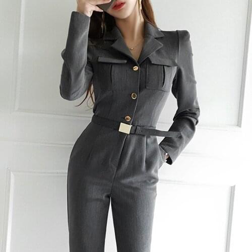 Women Business Jumpsuit Autumn Long Sleeve Bodysuit With Tunic Sashes Slim Button Up Playsuit Sexy Women Tops Overallls Mujer