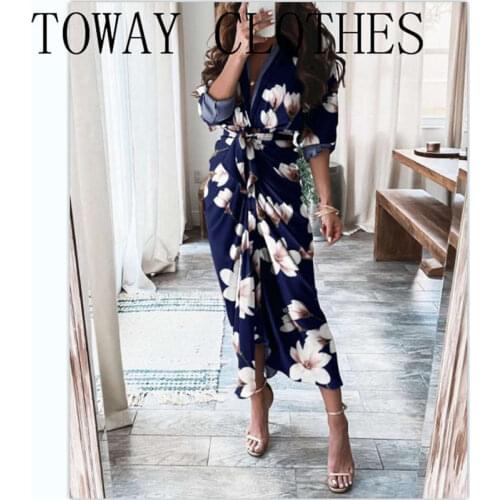 Women Turn-down Collar Floral Print Half Sleeve Pleated Slit Shirt Dress Chic Button Maxi Dresses