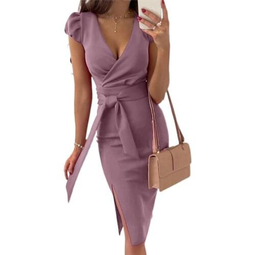 New Summer Women Dress Solid Color Deep V-neck Lace-up Puff Short Sleeve Split Casual Office Midi Dresses Party