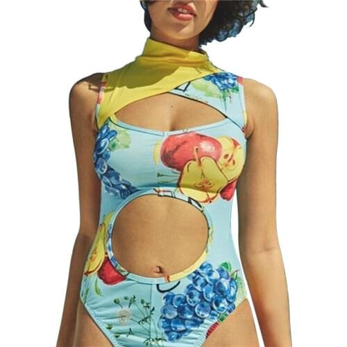 2021 Womens Fruit Printed One-piece Swimsuit Sleeveless Front Hollowed High Collar Slim Swimwear Monokini Ladies Swimwear