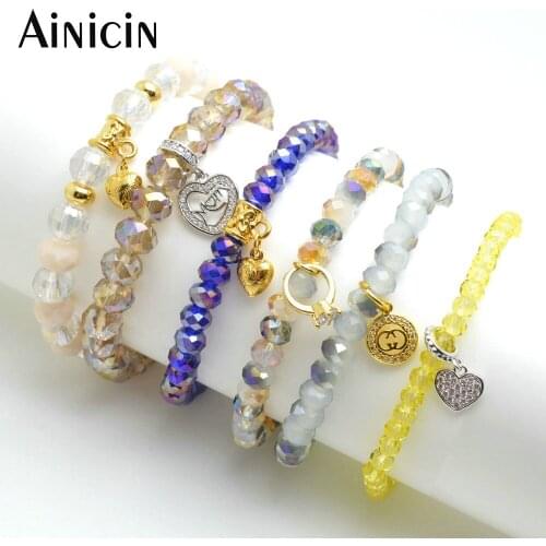 5pcs Mixed Style 4~8mm Diameter Faceted Glass Crystal With Heart Charms Bracelets For Fashion Women Jewelry