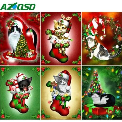 AZQSD Diy Diamond Painting Christmas Cat Full Square Drill Wall Sticker Diamond Embroidery Cross Stitch Kits Animal Home Decor
