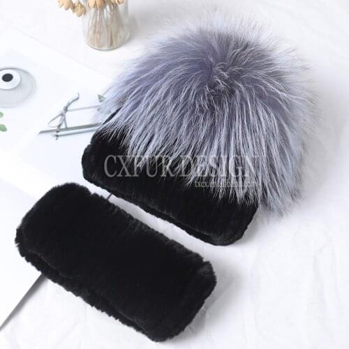 CX-C-86B Black Hand Knit Fox Fur Hats Caps Real Rex Rabbit Fur Warm Winter Hat Scarf Sets