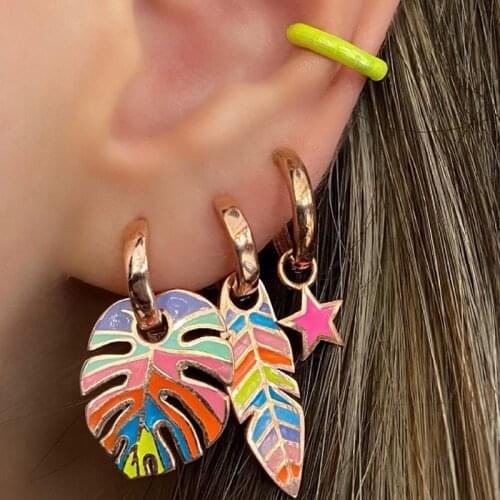 Enthic Colorful Leaf Star Shaped Enamel Drop Earrings for Women Vintage Boho Long Feather Statement Gold Circle Earrings Jewelry