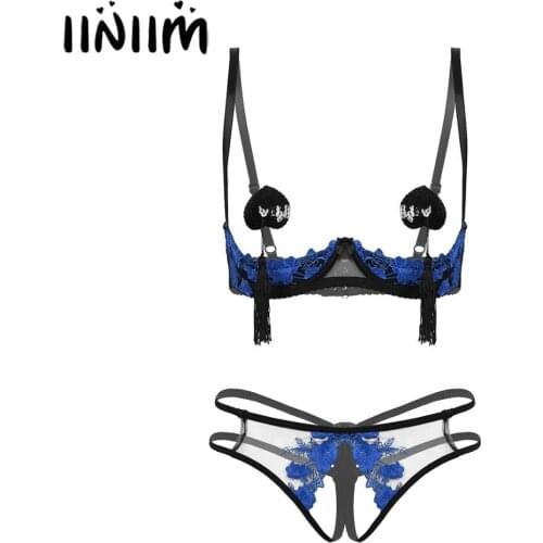 Womens Embroidery Lace Lingerie Set Breast Underwired Bra Tops Crotchless T-Back Briefs with Heart Shaped Nipples Tassel Pasties