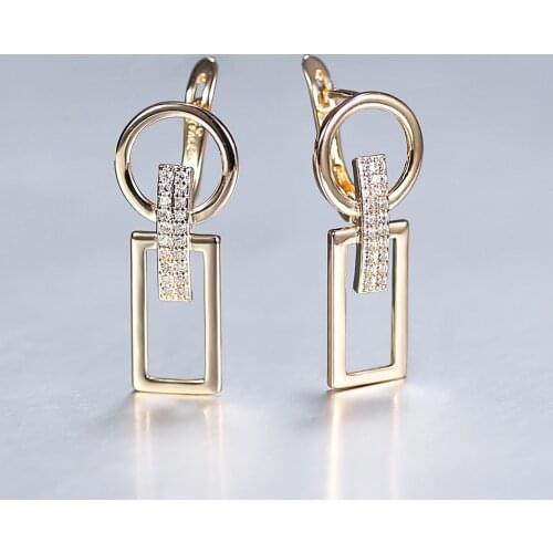 Fashion 585 Rose Gold CZ Rectangle Circle Earrings For Women Girls Drop Dangle Earring Rhinestone Jewelry Gift GE348A