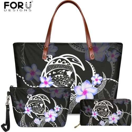 FORUDESIGNS Fashion Women 3pcs/Set Handbags Luxury Polynesian Tribal Turtle Style Tote Bags for Female Long Leather Wallets sac