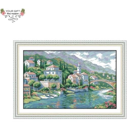 Joy Sunday F851 Free Shipping 14CT 11CT Counted and Stamped Home Decor River Town Needlepoints Embroidery Cross Stitch Kits