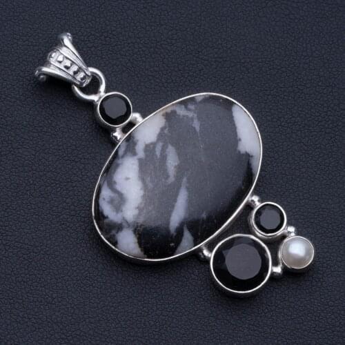Natural Pinolith Jasper,Black Onyx and River Pearl 925 Sterling Silver Pendant 2" P0555