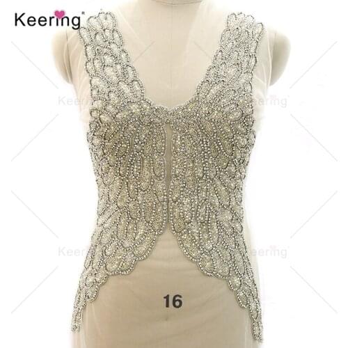 New Production Silver Embroidery Rhinestone Bodice Applique For Wedding Dress. WDP-366