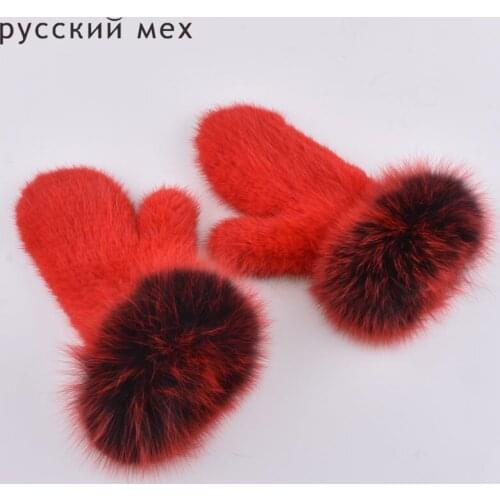 Real fox Fur The latest super-elastic imported mink gloves warm winter mittens Halter female mink knit gloves cute mittens