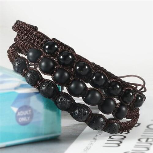 Adjustable 6mm Natural Stone Bracelet Lava Matte Beaded Reiki Brown Black Braided Rope Bracelets for Men Women Healing Jewelry