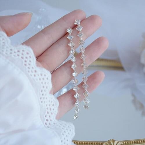 Korean hot fashion jewelry 14K real gold plated copper inlaid AAA zircon earrings luxury long shiny wedding prom earrings